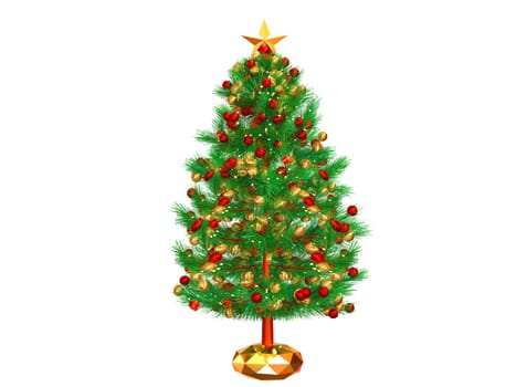 3D rendering Christmas tree or pine tree with Round Christmas Ornament Balls and gift box, in glass ball isolated on white background. Clipping path.