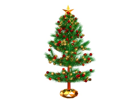 3D rendering Christmas tree or pine tree with Round Christmas Ornament Balls and gift box, in glass ball isolated on white background. Clipping path.