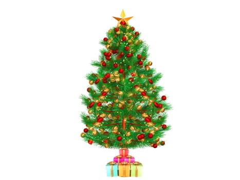 3D rendering Christmas tree or pine tree with Round Christmas Ornament Balls and gift box, in glass ball isolated on white background. Clipping path.