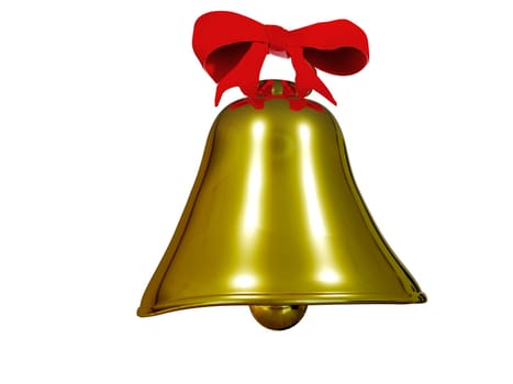 Golden metal bell 3D rendering with red bow , Christmas symbol, school bell, vintage bell isolated on a white background. Clipping path.