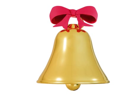 Golden metal bell 3D rendering with red bow , Christmas symbol, school bell, vintage bell isolated on a white background. Clipping path.