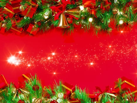 Christmas background 3D rendering. Top view of Christmas gift box with spruce branches, pine cones on red background.