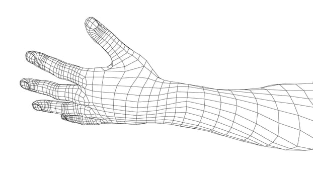 Open palm hand gesture of male hand. 3d illustration. Wire-frame style