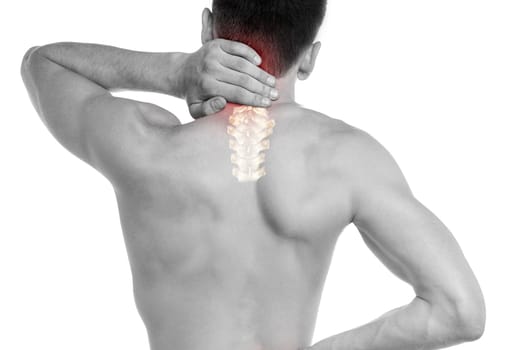 Middle aged man has shoulder pain with CT scan of cervical spine 3D rendering isolated one white background.