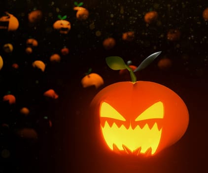 Happy Halloween pumpkin head jack o'lantern 3d rendering. Illustration holloween wallpaper with spooky pumpkin face, pumpkin lamp.