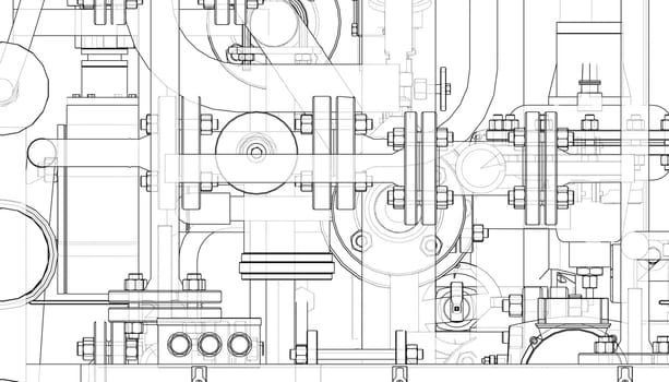 Valves and other industrial equipment. 3d illustration. Wire-frame style. Orthography