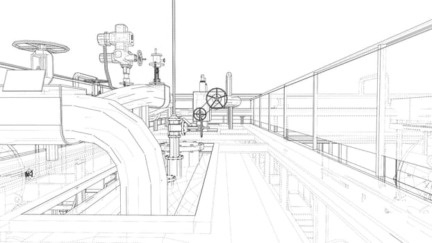 Sketch of industrial equipment. 3d illustration. Wire-frame style