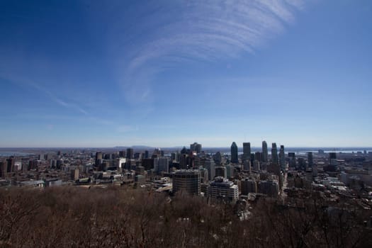 View of downtown Montreal City from Mont-Royal Park or Chalet du Mont-Royal, Province of Quebec, Canada.