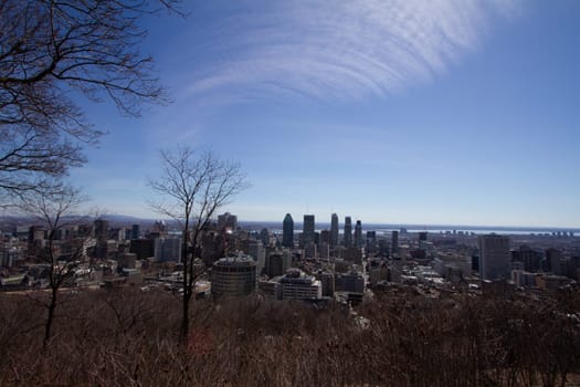 View of downtown Montreal City from Mont-Royal Park or Chalet du Mont-Royal, Province of Quebec, Canada.
