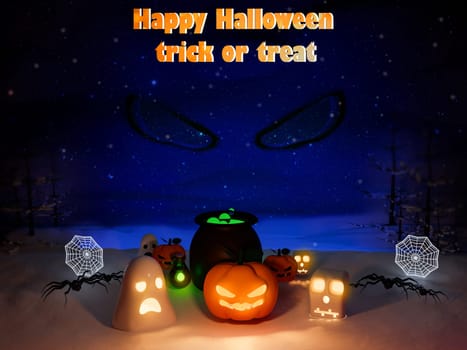 Happy Halloween pumpkin head jack o'lantern 3d rendering with friends . holloween wallpaper with spooky pumpkin face, pumpkin lamp.