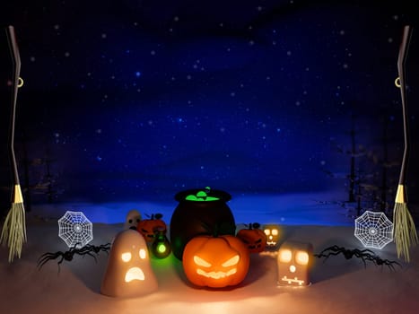 Happy Halloween pumpkin head jack o'lantern 3d rendering with friends . holloween wallpaper with spooky pumpkin face, pumpkin lamp.