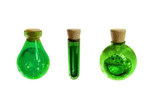 Collection of Bottle with green potion 3D rendering isolated on white background. Holloween concept.