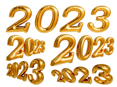 2023 3D Realistic Gold Foil Balloons. Merry Christmas and Happy New Year 2023 greeting card isolated on trastparent background.