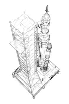 Space Rocket on launch pad. 3d illustration. Wire-frame style. Elements of this image furnished by NASA