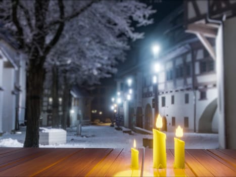 Candles in night in christmas mood on vintage wooden table and concrete block wall.3D Rendering.