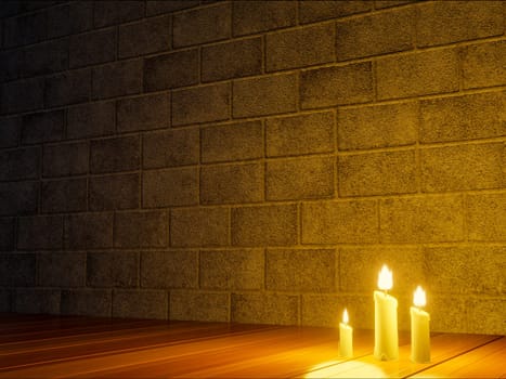 Candles in night in christmas mood on vintage wooden table and concrete block wall.3D Rendering.