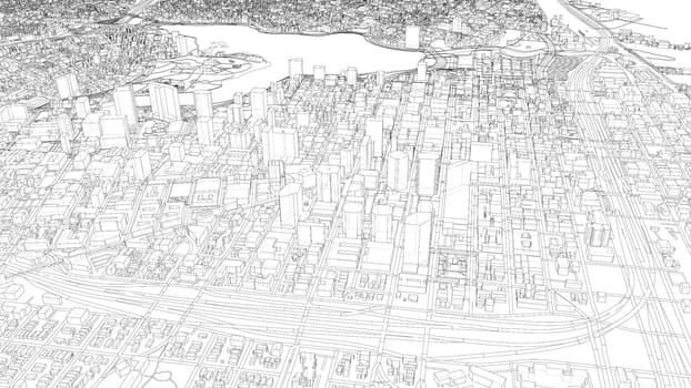 Cityscape Sketch. 3d illustration. Wire-frame style. Urban Architecture Concept