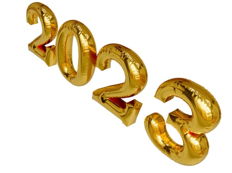 2023 3D Realistic Gold Foil Balloons. Merry Christmas and Happy New Year 2023 greeting card isolated on trastparent background.