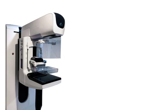 Mammogram device 3D rendering for screening breast cancer in hospital on white background.