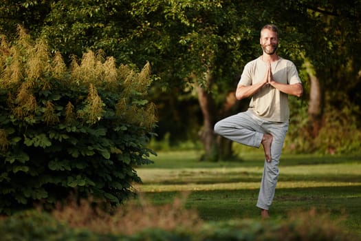 Yoga works for me. Portrait of a handsome mature man enjoying a yoga session in nature