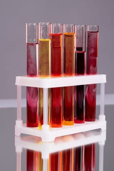 Vertical shot of colorful laboratory test tubes with blood. Reflective surface with gray background.
