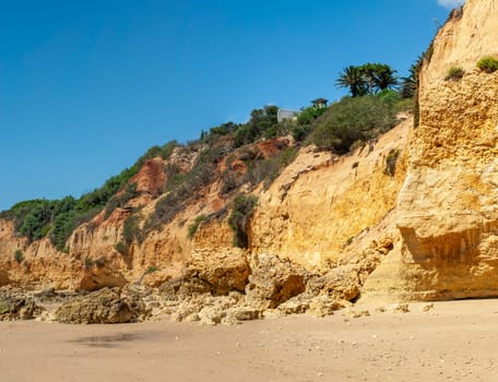 Maria Luisa beach with rock formation in Albufeira, Algarve, Portugal.