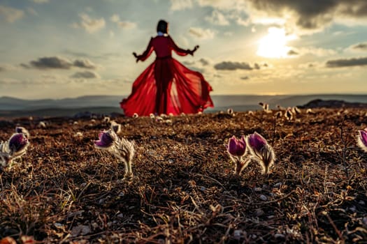 Rise of the mystic. sunset over the clouds with a girl in a long red dress. There is a dream grass in the meadow with purple flowers
