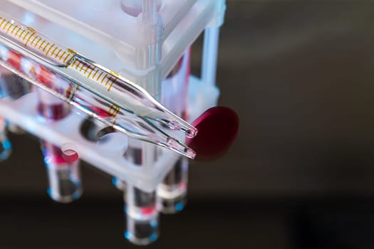 Glass pipette with blood on reflective surface. Lab glassware equipment.