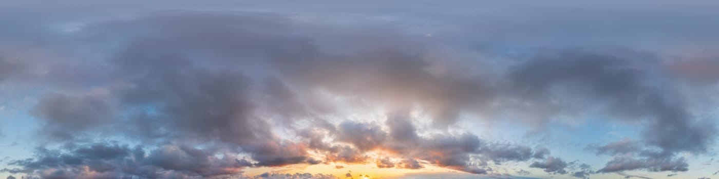 Dark blue sunset sky panorama with pink Cumulus clouds. Seamless hdr 360 pano in spherical equirectangular format. Full zenith for 3D visualization, game, sky replacement for aerial drone panoramas