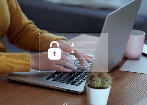 Cyber security concept, Woman hand typing on keyboard with login and password on screen display. Data protection and secured internet access.