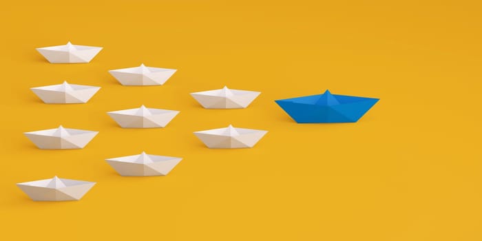 Paper boat leads blue followed by other white boat on a yellow background. Social media or internet followers concept. 3D rendering.