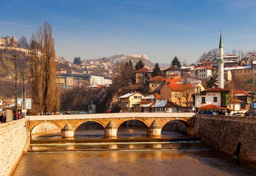 SARAJEVO, BOSNIA-ERZEGOVINA - FEBRUARY, 16: View of the Latin Bridge in Sarajevo - Bosnia and Herzegovina on February 16, 2018