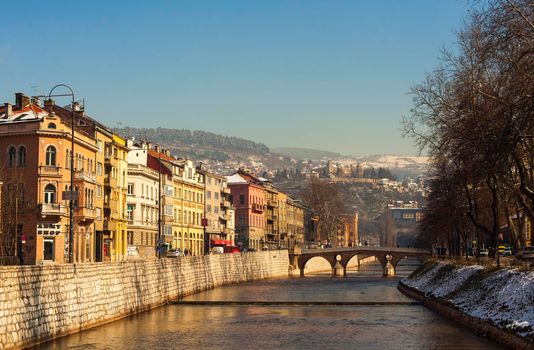 SARAJEVO, BOSNIA-ERZEGOVINA - FEBRUARY, 16: View of the Latin Bridge in Sarajevo - Bosnia and Herzegovina on February 16, 2018