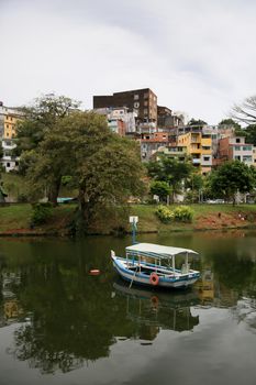 salvador, bahia, brazil - august 17, 2021: Rowboat is seen on the lake of Dique de Itororo in Salvador city.