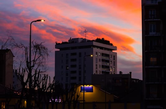 View of urban sunset in Milan, Italy