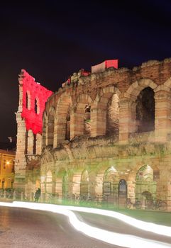 VERONA, ITALY - APRIL, 07: View of the Verona amphitheatre at dusk time on April 07, 2017