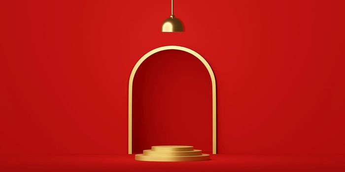 Scene of geometric shape podium with lamp on red background, 3d rendering