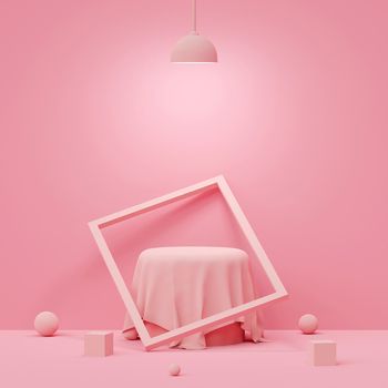 Scene of pastel color with geometric shape podium with lamp on pink background, 3d rendering