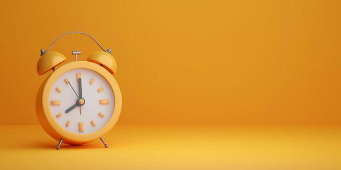 Minimal realistic alarm clock on yellow background, 3d illustration
