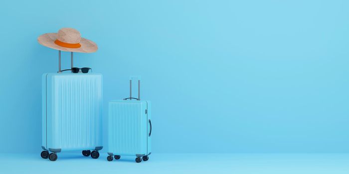 Suitcase with traveler accessories on blue background, 3d illustration