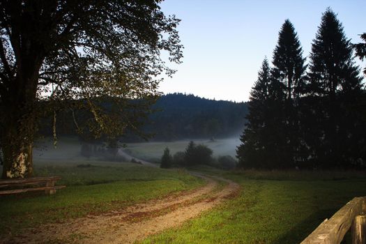 Sunrise with fog in the slovenian countryside