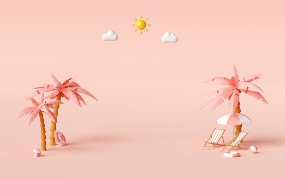 Summer vacation concept, Beach chairs and accessories under palm tree with copy space, 3d illustration