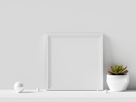 Minimal photo frame mockup with plant, 3d illustration