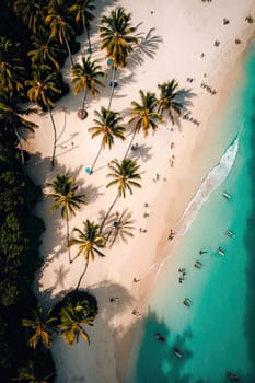 Aerial view of tropical beach with white sand coconut palm trees and sea with people having fun . copy space.High quality AI Generated image