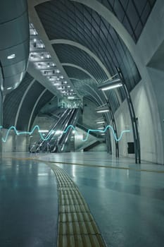 ECG pulse light in the futuristic subway station and an escalator in Heumarkt Cologne, Germany