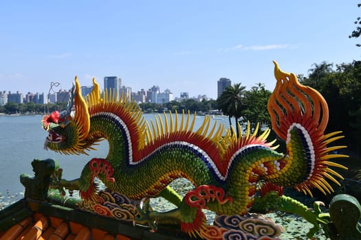 Dragon decoration on a roof of a temple at Lotus Pond in Kaohsiung, Taiwan