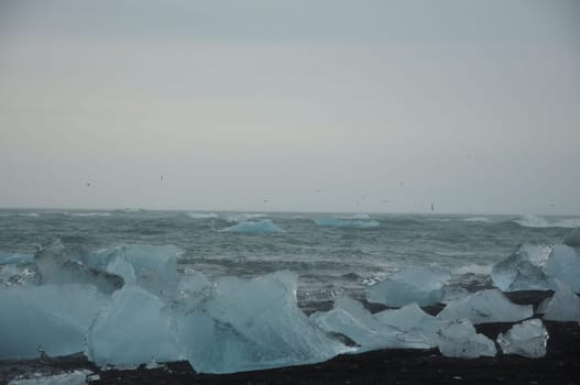 Black sand and crystal clear ice chunks at Diamond Beach in Fellsfjara, Jokulsarlon on Iceland