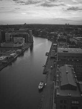 Black and white aerial view of the Muenster harbor in Muenster, Germany