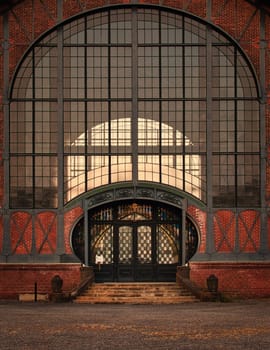 Vertical shot of Majestic entrance to the Zollern colliery in Dortmund, Germany