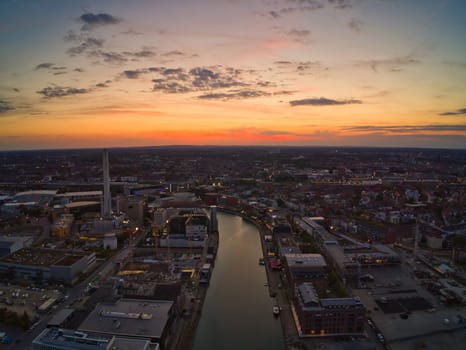 Aerial view of the Munster harbor Stadthafen at sunset in Muenster, Germany.